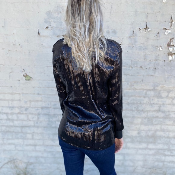 Black Long Sleeve Sequin Knot Tie Blouse NWT - Picture 2 of 5